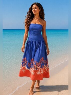 Camila Coelho Strapless Drop Waist Midi Dress Blue Coral Seahorses Coastal NWT M